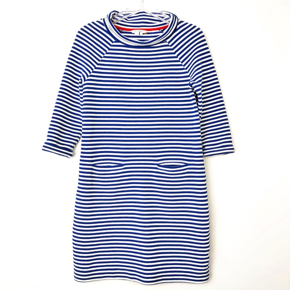 Boden Ribbed Blue Striped Bardot Collar Dress